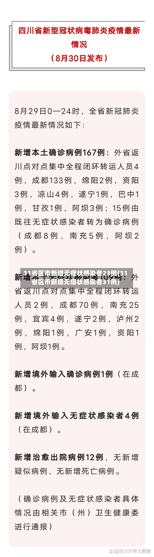 31省区市新增无症状感染者23例(31省区市新增无症状感染者31例)